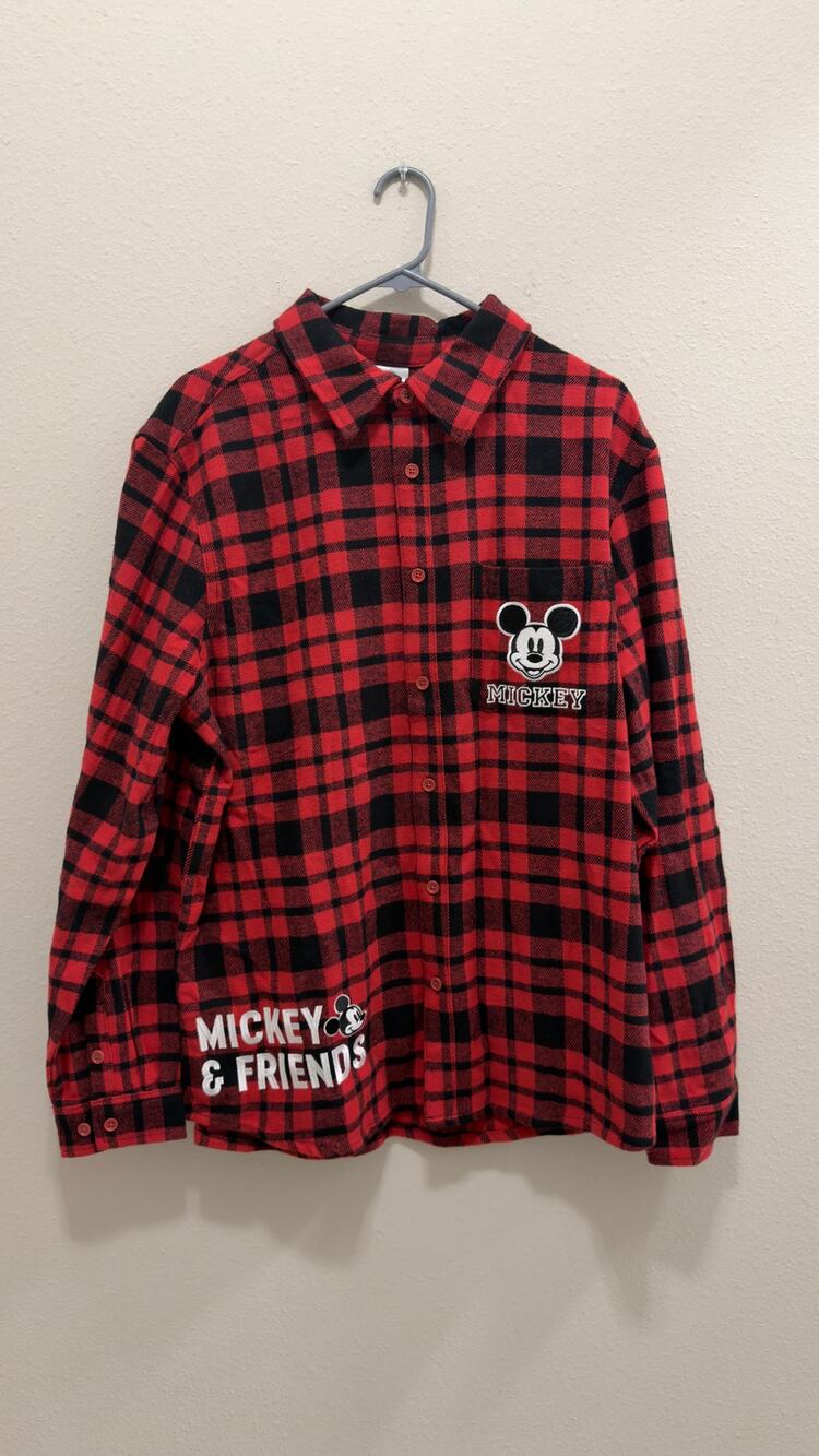 Disney Adult Mickey and Friends Red Plaid Flannel Button Down NWT Large